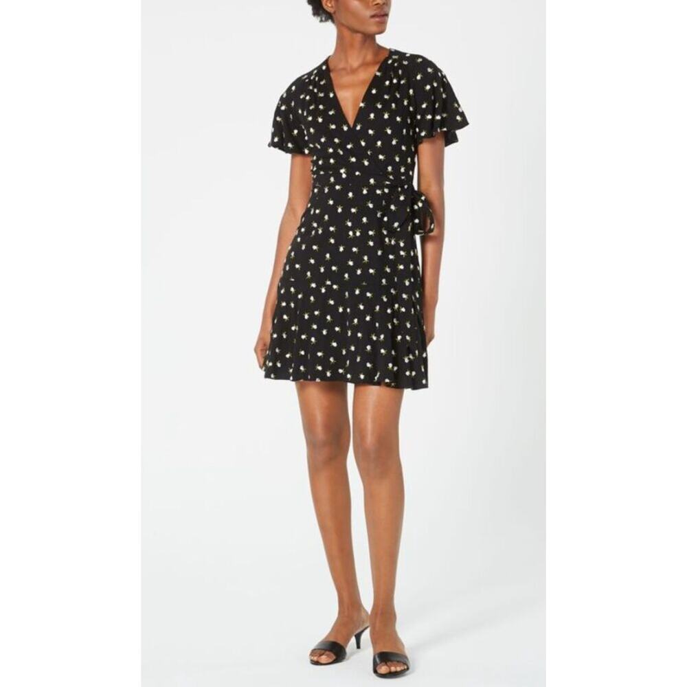 Jill Jill Stuart Faux Wrap Mini Dress Fit Flare Black Embroidered Floral Vacay 4